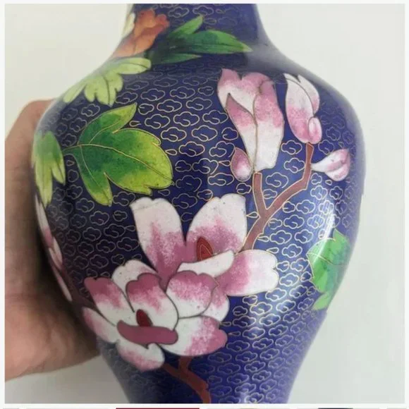 Vtg 10" Oriental Cloisonne Vase Blue Bird Dahlia Plum Royal Blue Asian Chinese - Picture 5 of 15